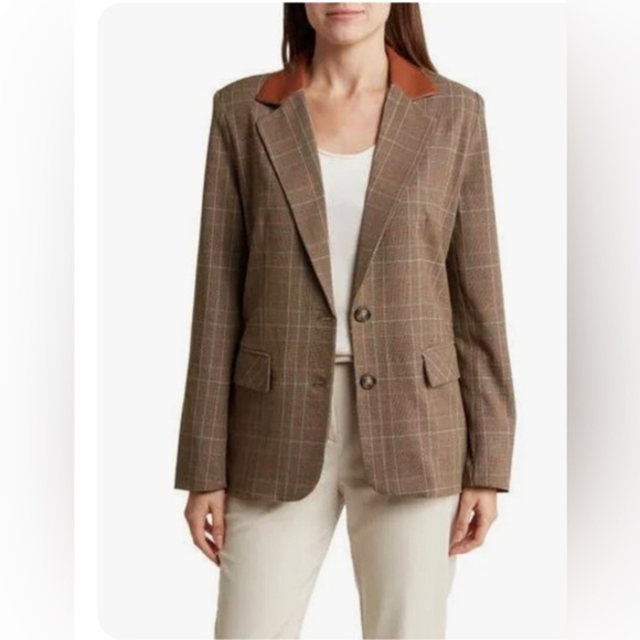 Steve Madden brown camel plaid Oversize pleather collar boyfriend  Blazer size M - Picture 2 of 5